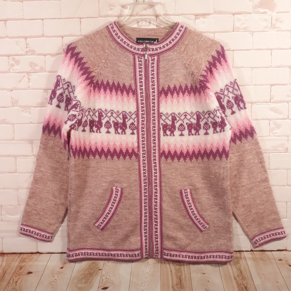 Alpaca Connection Full Zip Sweater Womens XL Alpaca Wool Blend Beige Purple Peru